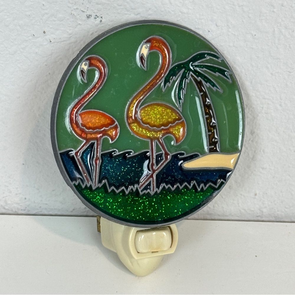Vintage 80s Stained Glass Flamingo Night Light Palm Tree